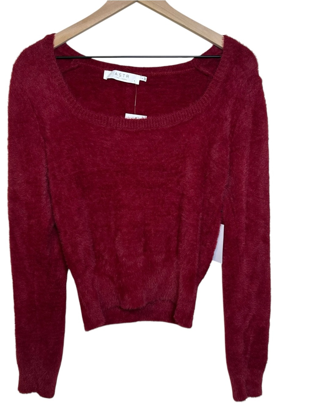 ASTR the Label Womens Red Wine Fuzzy Square Neck Long Sleeves Large Sweater